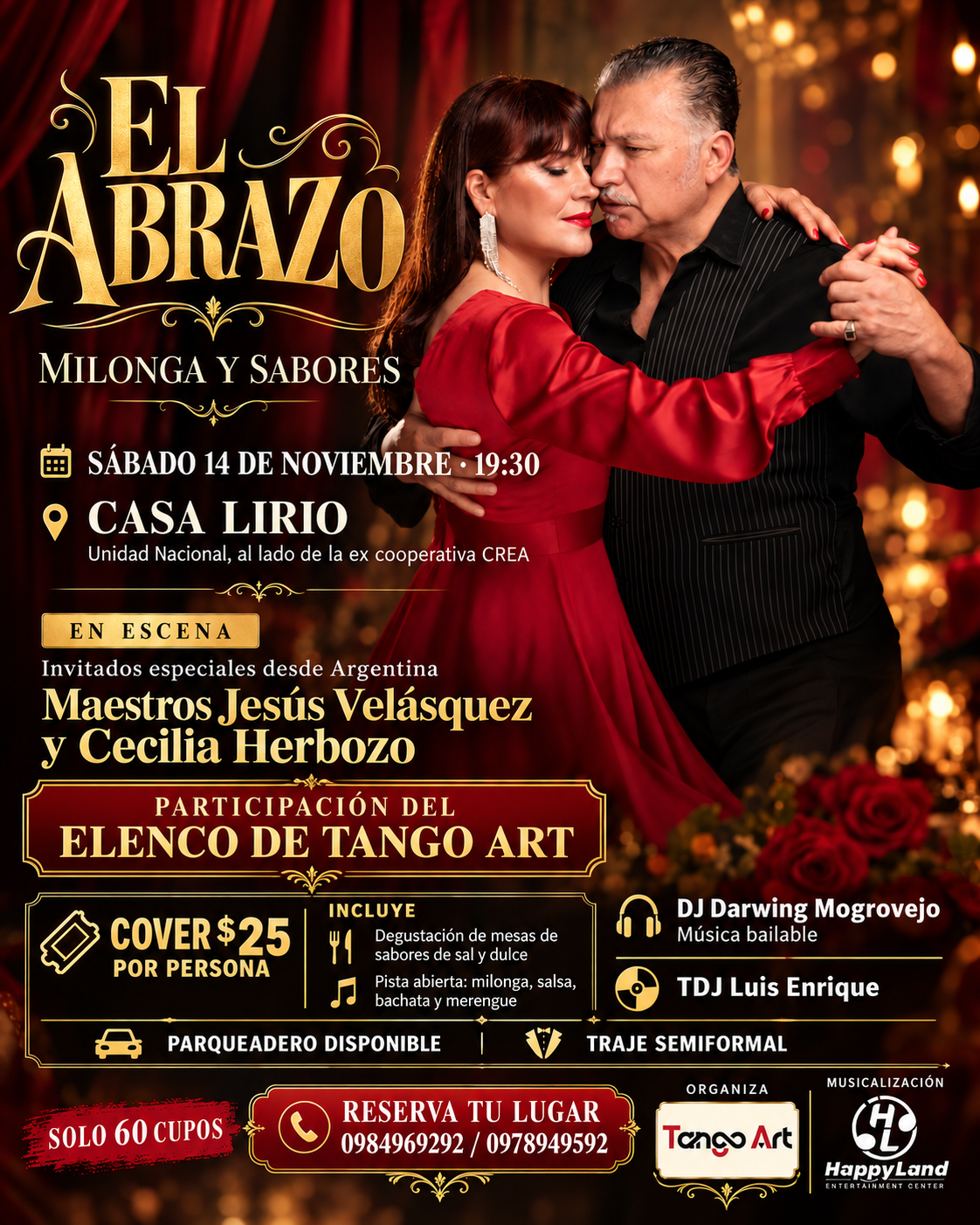 Flyer oficial de EL ABRAZO – Milonga y Sabores, sábado 14 de noviembre, 19:30, Casa Lirio